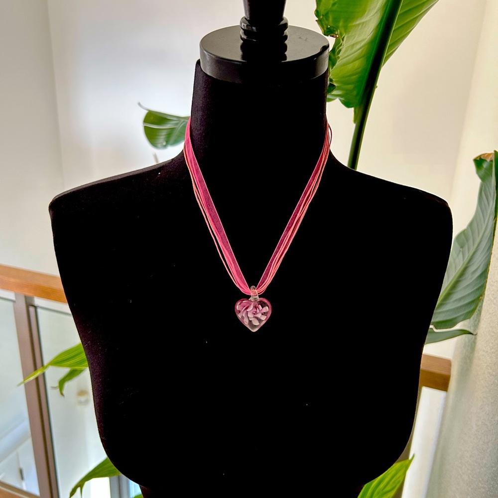 Heart necklace Valentine ribbon cord with glass floral heart and bow